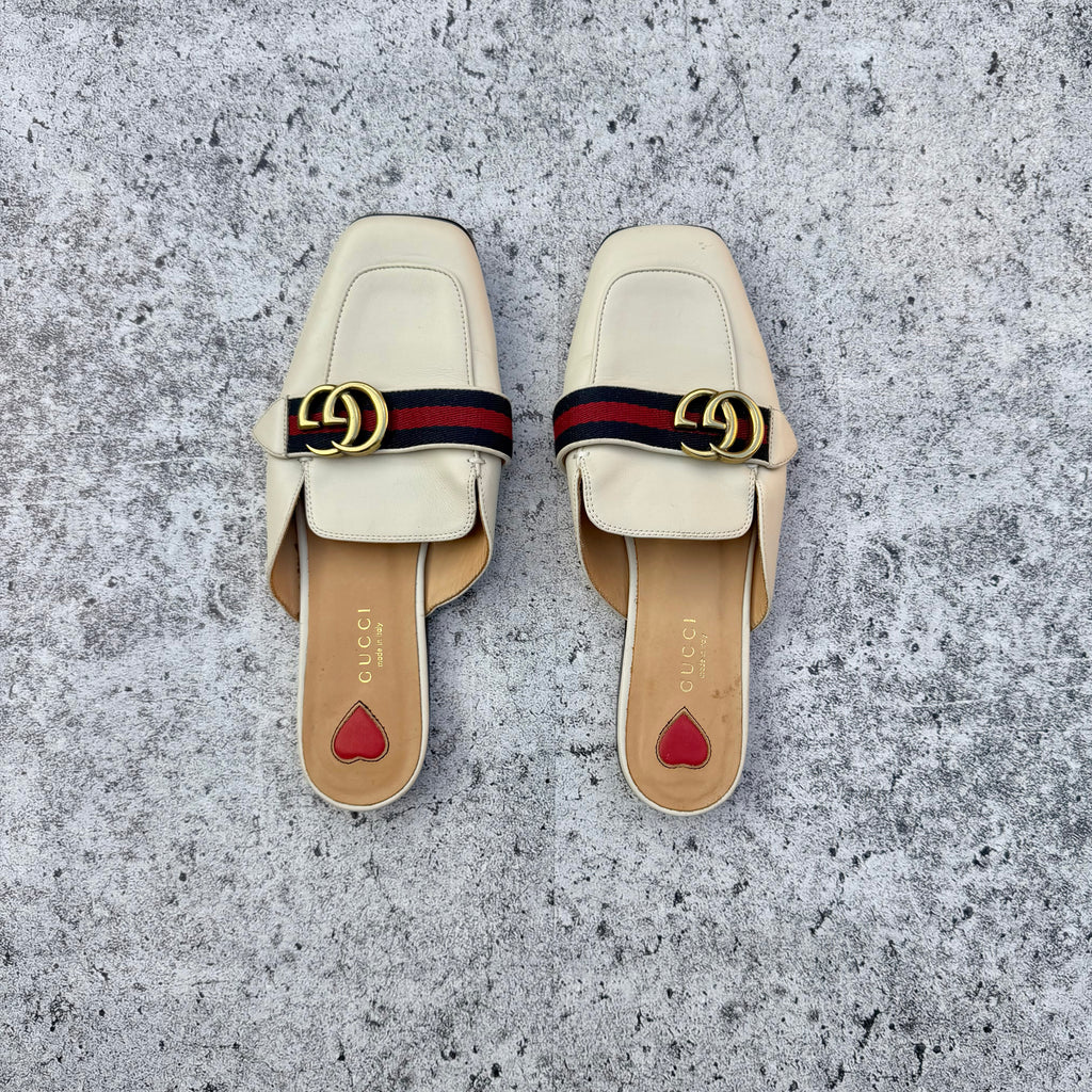 Gucci Off-white Leather Peyton GG Web Flat Slide Mules