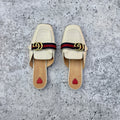 Gucci Off-white Leather Peyton GG Web Flat Slide Mules