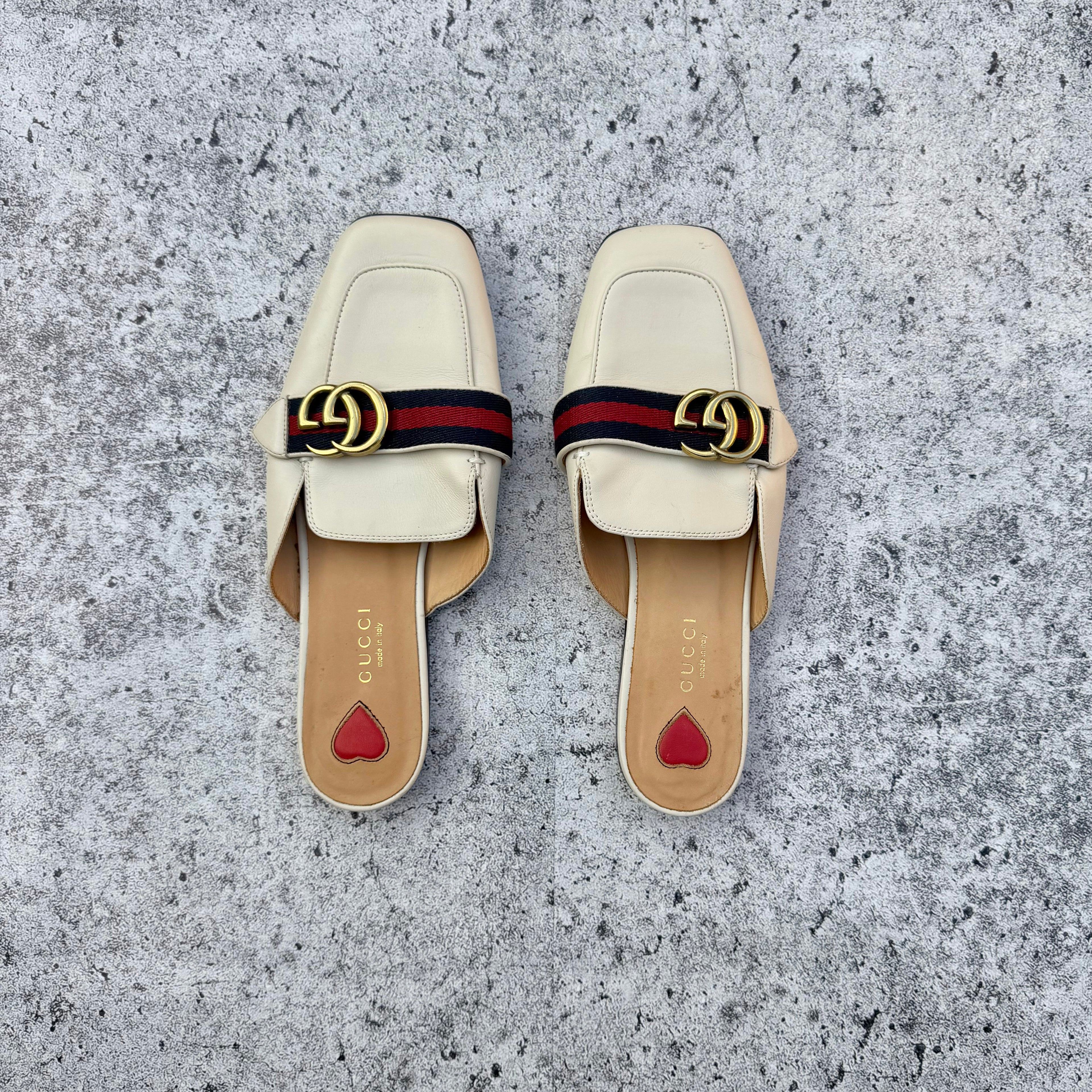 Gucci Off-white Leather Peyton GG Web Flat Slide Mules