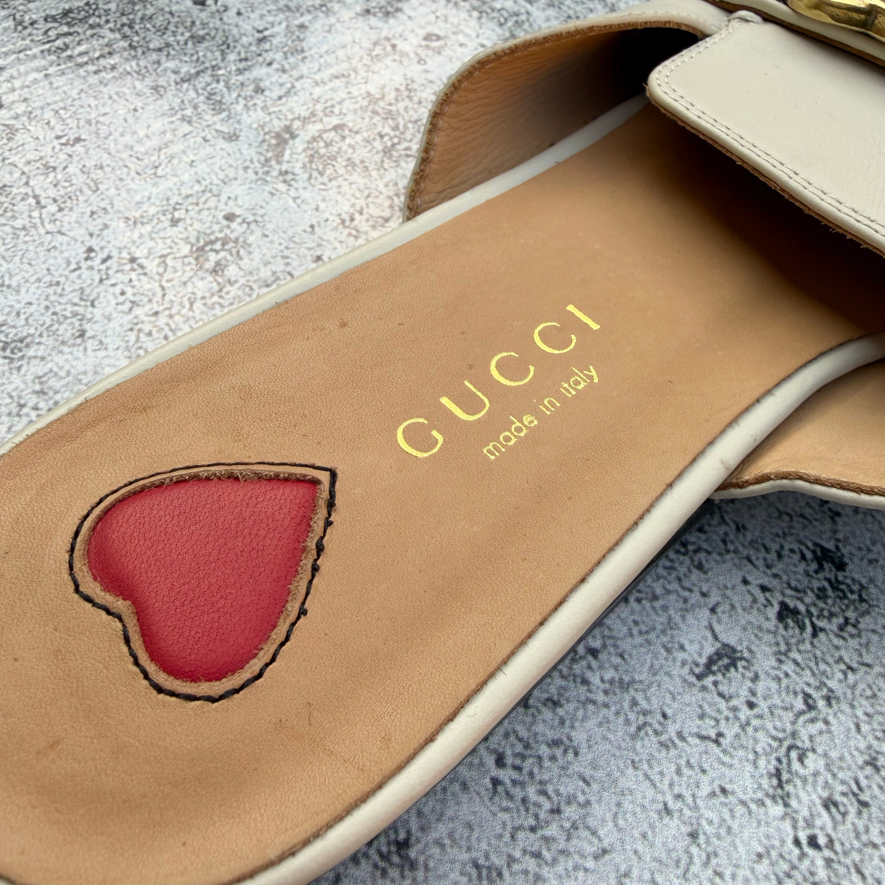 Gucci Off-white Leather Peyton GG Web Flat Slide Mules