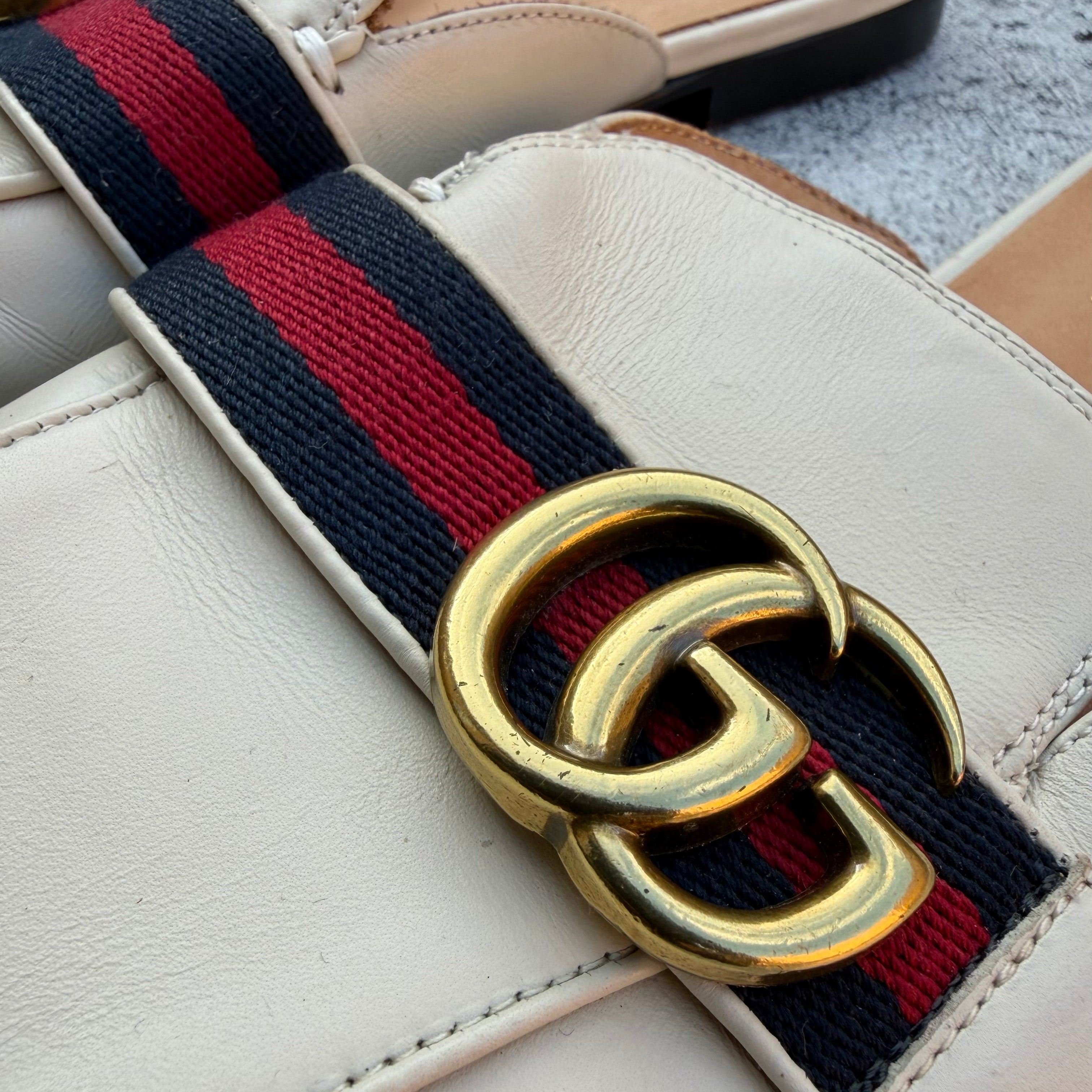 Gucci Off-white Leather Peyton GG Web Flat Slide Mules