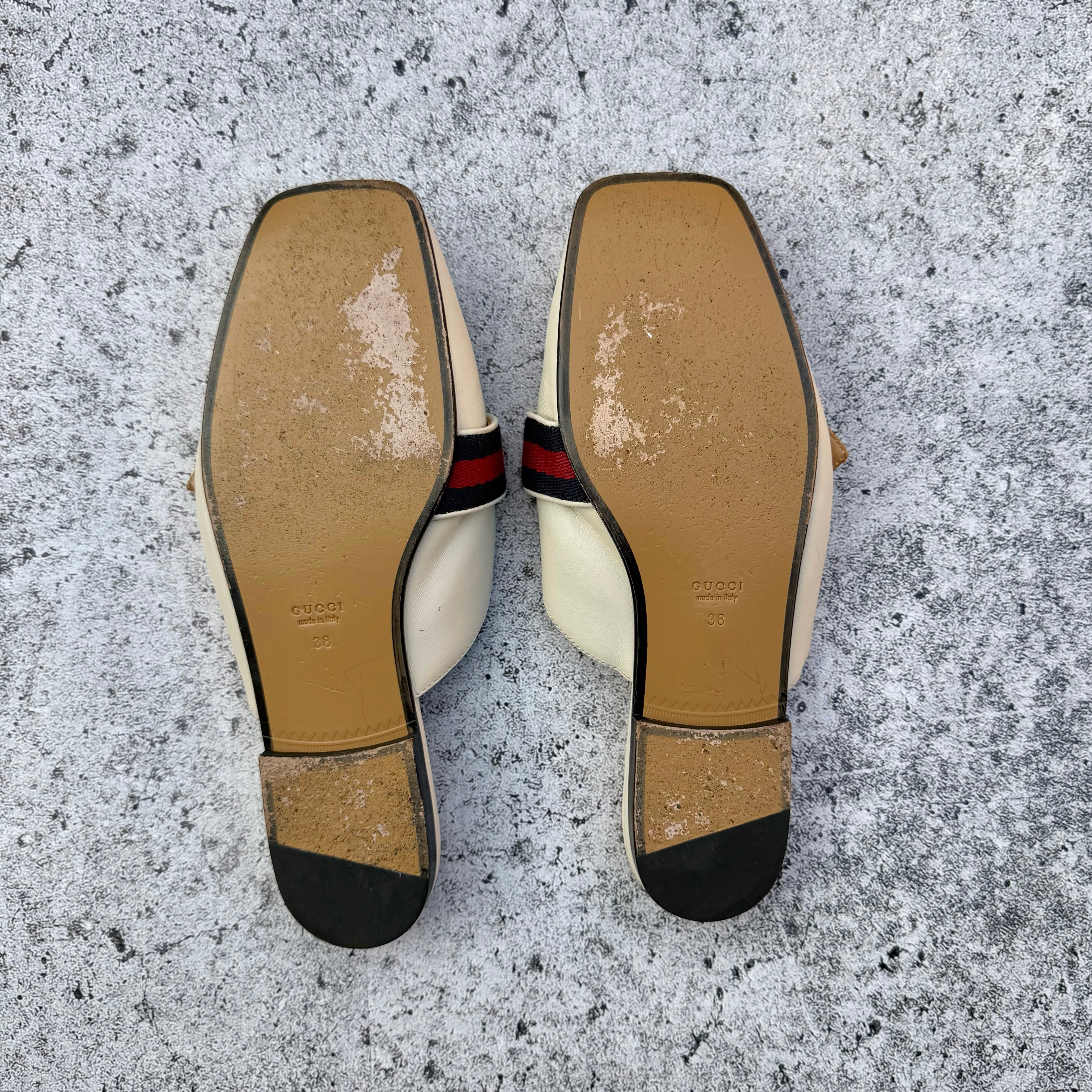 Gucci Off-white Leather Peyton GG Web Flat Slide Mules