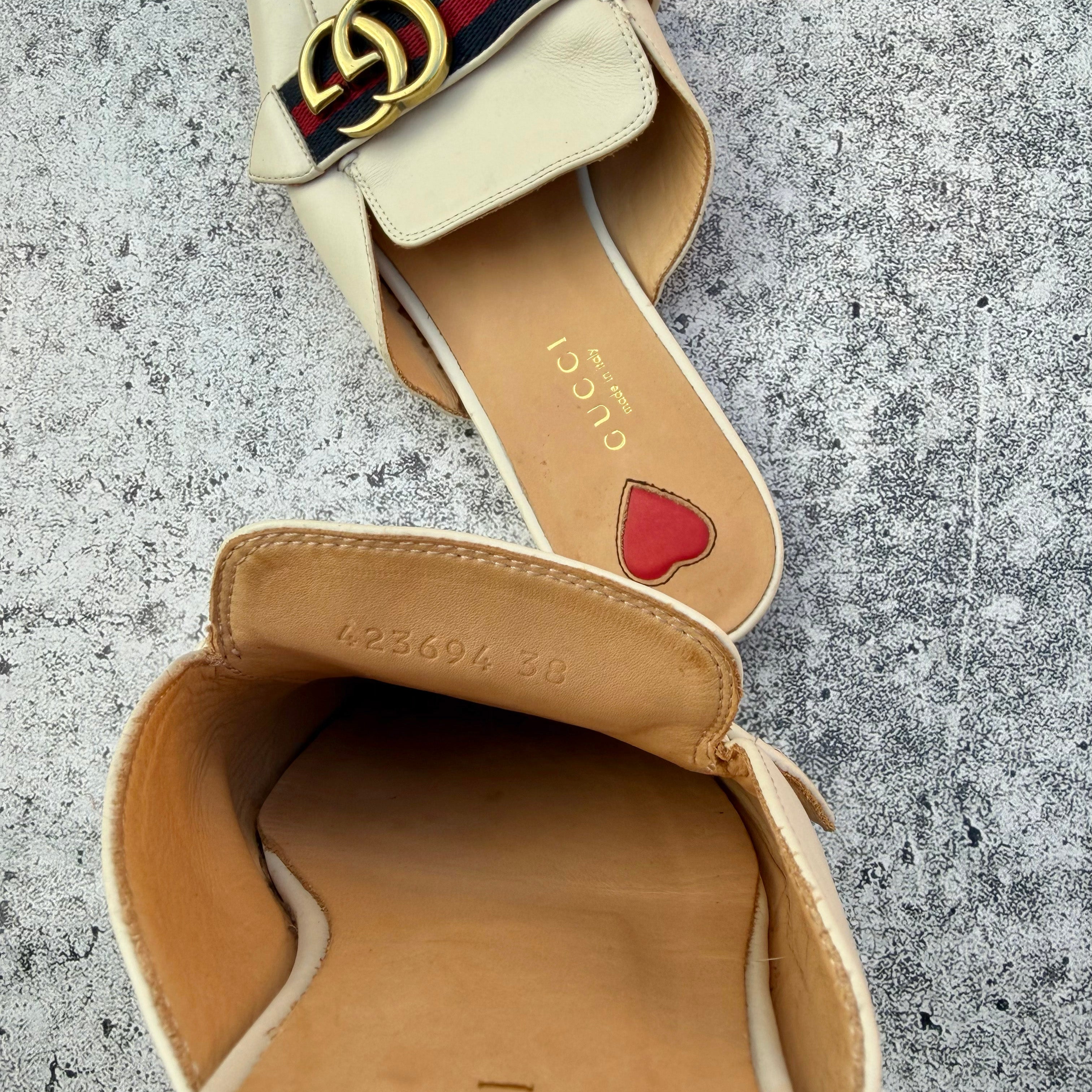 Gucci Off-white Leather Peyton GG Web Flat Slide Mules